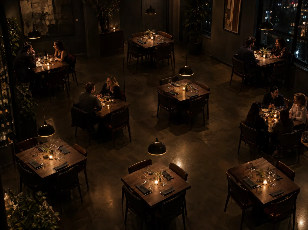 A restaurant dining room at night seen from above, some tables occupied, some set and empty