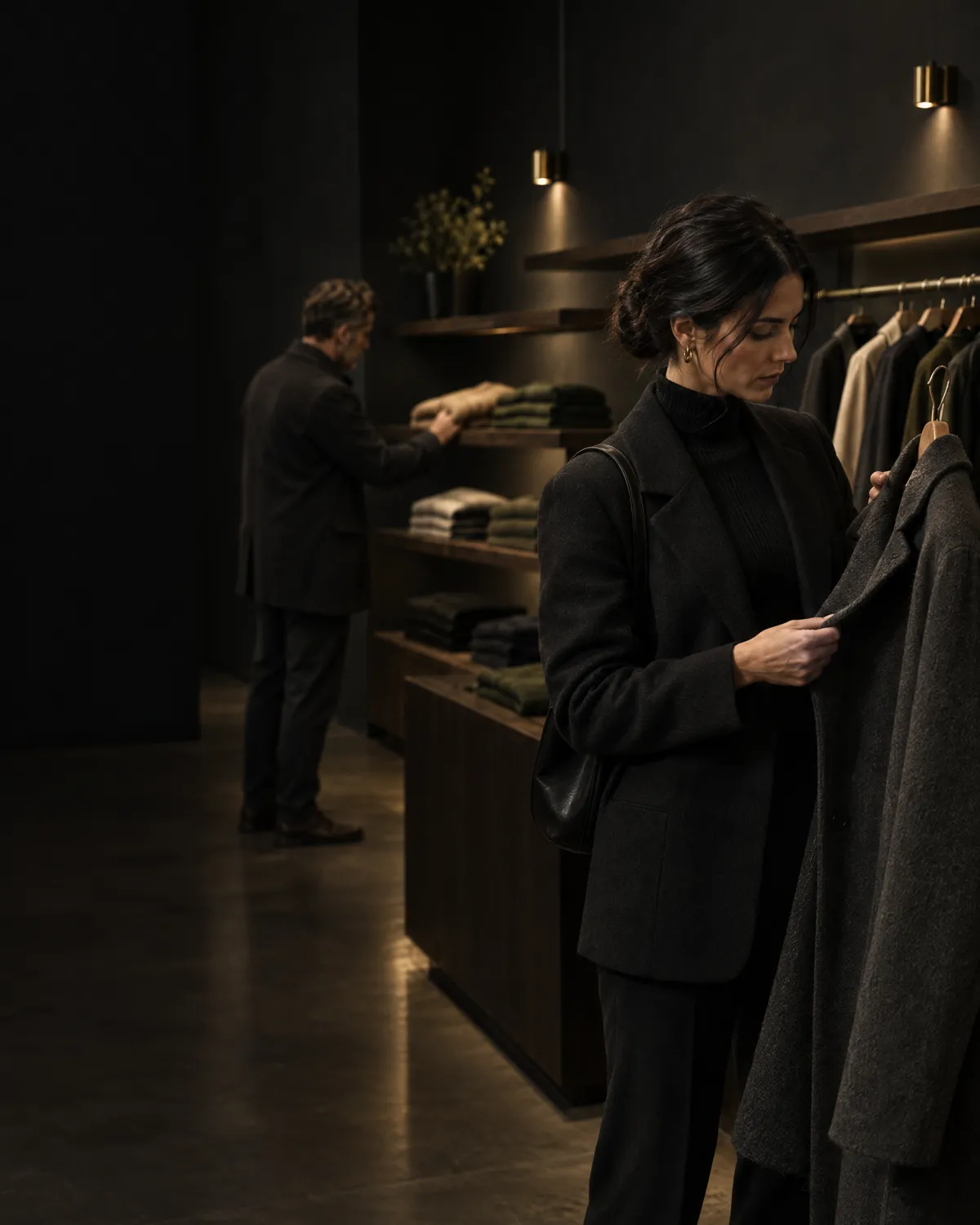A customer examining a coat in a boutique, another customer at a shelf behind her