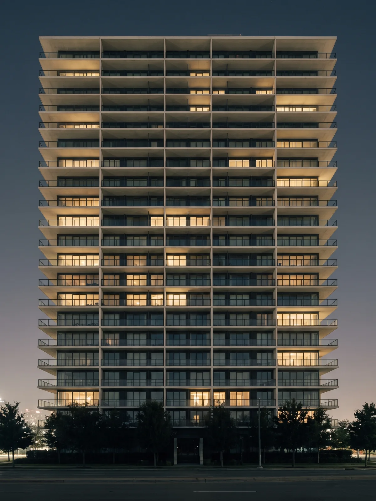 Residential tower at dusk with every unit traced on its slab and colored by sales status